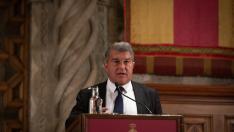 El presidente del FC Barcelona, Joan Laporta, durante la presentación de las novedades sobre la transformación del Espai Barça.