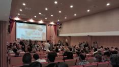 Asamblea conjuinta realizada por UGT y CC. OO. esta mañana en el Colegio Mayor Virgen del Carmen en Zaragoza.