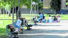 Universitarios descansando en el campus de la Universidad de Zaragoza