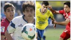 Asensio (izda.) y Pedri (dcha.), en dos lances de juego frente al Real Zaragoza recientemente, con el Mallorca y Las Palmas.