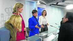 Las ministras Pilar Alegría, Isabel Rodríguez y Reyes Maroto, tras la rueda de prensa de ayer en Moncloa