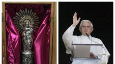 A la izquierda, la Virgen del Pilar que el sacerdote zaragozano Ángel Arrebola regaló al papa emérito en una audiencia privada en Roma. A la derecha, Benedicto XVI. .