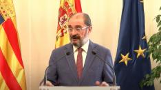 El presidente del Gobierno de Aragón, Javier Lambán, este lunes ante la prensa.