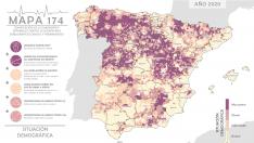 Los más de 8.000 municipios de España se clasifican en el Mapa 174 en cuatro categorías según su situación demográfica: buena, intermedia, grave o muy grave. La leyenda se presenta a modo de termómetro, lo que facilita la interpretación de los resultados: a mayor ‘temperatura’, mayor debilidad demográfica.