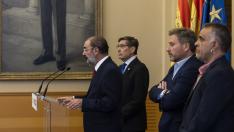 Aliaga, Lambán, Soro y Corrales, en la presentación del presupuesto de 2023.