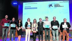 La ganadora y los finalistas de los Premios Emprende XXI, ayer en el Caixa Forum de Zaragoza
