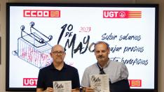 Los secretarios generales de CC. OO. Aragón y UGT Aragón, Manuel Pina y José Juan Arcéiz, respectivamente, en la presentación de los actos del 1ª de Mayo