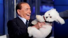 FILE PHOTO: Italy's former PM Berlusconi plays with a dog during the television talk show "Porta a Porta" in Rome