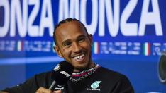 Mercedes driver Lewis Hamilton of Britain smiles during a news conference at the Monza racetrack, in Monza, Italy , Thursday, Aug. 31, 2023. The Formula one race will be held on Sunday. (AP Photo/Luca Bruno)