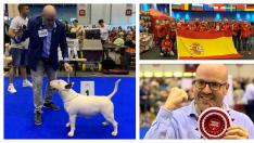 Joaquín Sonsona, en Ginebra con Elton, el perro bull terrier que logró el título de campeón del mundo, con los participantes españoles y con el premio que obtuvo.