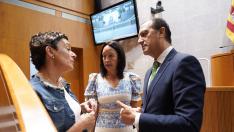 Carmen Susín, en el centro, conversa con dos diputados del Partido Popular este viernes en las Cortes