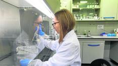 La investigadora Vira Sharko, estudiante de doctorado en el grupo TME, en el laboratorio.