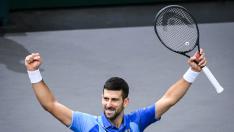 Novak DJOKOVIC of Serbia celebrates his victory during the seventh day of the Rolex Paris Masters 2023, ATP Masters 1000 tennis tournament on November 05, 2023 at Accor Arena in Paris, France - Photo Matthieu Mirville /