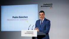 El presidente del Gobierno, Pedro Sánchez, inaugura la VIII Conferencia de Embajadores, en la sede del Ministerio de Asuntos Exteriores, Unión Europea y Cooperación, a 10 de enero de 2024, en Madrid (España). El prin
