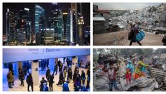 Diferencias económicas abismales. En las imágenes de la izquierda, arriba, el ‘skyline’ de Singapur, ciudad-estado con elevado nivel económico, y abajo, la cumbre de Davos, que reúne a políticos y empresarios con gran poder. A la derecha, fotografías de d