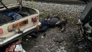 Aftermath of a suspected strike on a civilian convoy on the railway between Svatove and Kupiansk