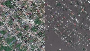 Antes y después de la destrucción de la presa ucraniana del río Dniéper