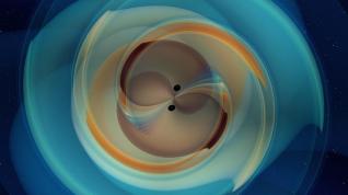 Simulación numérica de dos agujeros negros que se inspiran y se fusionan emitiendo ondas gravitacionales.