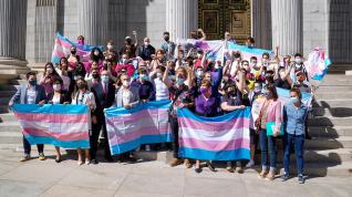 Varias personas han acudido con banderas trans a las puertas del Congreso