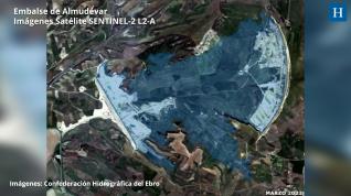 El embalse de Almudévar, visto desde un satélite y un dron