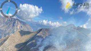 Estado del incendio de Laspuña, este sábado.