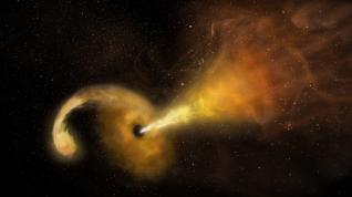 La estrella es arrastrada hacia el agujero negro, que responde expulsando ese material en forma de chorro.