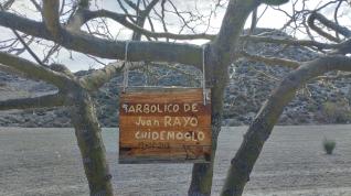 Cartel colgado en "el arbolico de Juan Rayo", en el camino viejo de Torrecilla de Valmadrid, cerca de Zaragoza.