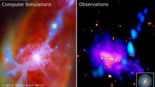 La imagen muestra, a la izquierda, simulaciones por ordenador de una corriente cósmica (Crighton et al. 2012), y a la derecha las observaciones de la corriente cósmica fluyendo hacia la Galaxia del Hormiguero.