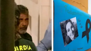 Combo de imágenes de Bernardo Montoya, custodiado por la Guardia Civil, y de un cartel en recuerdo de Laura.