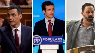 Combo de imágenes de Sánchez (PSOE), Casado (PP) y Abascal (VOX)