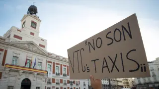 Concentración de los taxistas madrileños en la Puerta del Sol.