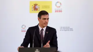 El presidente del Gobierno, Pedro Sánchez, durante la presentación del acto 'Las personas con discapacidad en la Agenda 2030'.