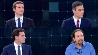 FILE PHOTO: Candidates for Spanish general elections People's Party (PP) Pablo Casado, Spanish Prime Minister and Socialist Workers' Party (PSOE) Pedro Sanchez, Ciudadanos' Albert Rivera and Unidas Podemos' Pablo Iglesias attend a televised debate ahead of general elections in Pozuelo de Alarcon, outside Madrid, Spain, April 22, 2019. TVE via REUTERS/File Photo [[[REUTERS VOCENTO]]] SPAIN-ELECTION/DEBATE-OUTCOME
