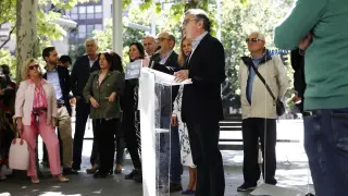 El candidato del PP a la Presidencia de Aragón, Luis María Beamonte, en la presentación de sus rebajas fiscales, este lunes.