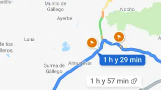 Goggle Maps muestra con un símbolo naranja dos radares fijos junto a Huesca.