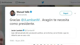 Intercambio de mensajes entre Valls y Lambán.