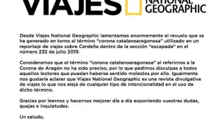 Comunicado de disculpa de la revista Viajes National Geographic