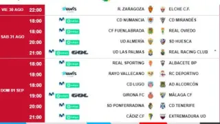 Nuevos horarios de la 3ª jornada de liga en Segunda División. El partido del Real Zaragoza contra el Elche la abrirá ahora en La Romareda el viernes, día 30, a las 10 de la noche, cuando antes estaba previsto para el sábado 31.