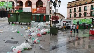 La plaza de Luis López Allué, donde se celebran las verbenas, antes y después de que pasen los servicios de limpieza.