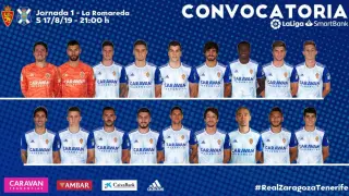 Lista de 18 convocados del Real Zaragoza para el debut liguero de este sábado ante el Tenerife en La Romareda.