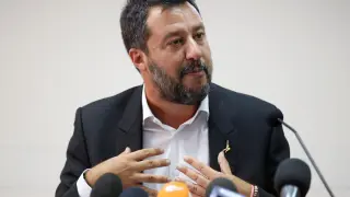 Italian Deputy PM Matteo Salvini gestures as he holds a news conference in southern Italy on a bank holiday as the government crisis continues, in Castel Volturno, Italy August 15, 2019. REUTERS/Ciro de Luca [[[REUTERS VOCENTO]]] ITALY-POLITICS/