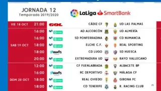 Horarios y días de disputa de los partidos de la 12ª jornada de Segunda División, con el Real Zaragoza-Mirandés a cola del reparto.