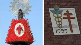 La Cruz de Lorena luce en el manto de flores de la Virgen del Pilar, en la ofrenda de 2018. A la derecha, la Cruz de Lorena en la fachada del hospital de Worcester, en Sudáfrica.