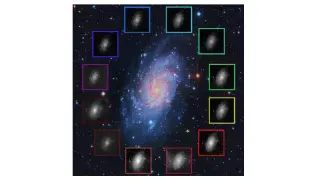 La galaxia M33 en color y, alrededor, en los doce filtros del cartografiado J-Plus, que revelan diversas características
