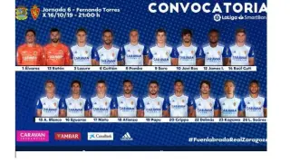 Lista de 18 convocados del Real Zaragoza para el viaje de este miércoles a Fuenlabrada.