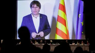 Puigdemont, durante su intervención por videoconferencia desde Bélgica.