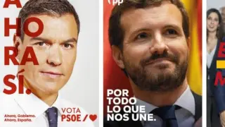 Carteles de PSOE, PP y Ciudadanos para la actual campaña electoral.