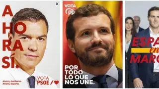 Carteles de PSOE, PP y Ciudadanos para la actual campaña electoral.