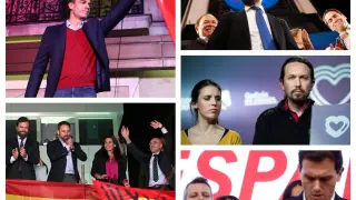 Representantes del PSOE, Vox, , PP, Unidas Podemos y Cs tras el escrutinio