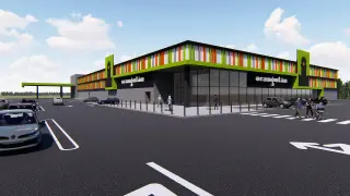 Maqueta del nuevo edificio del supermercado Orangután en Monzón.